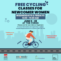 Free cycling classes for newcomer women poster with a girl on a bicycle