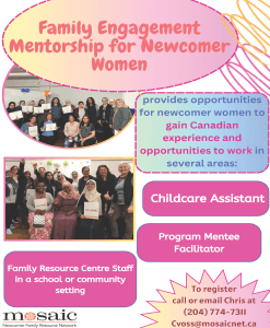 Family Program poster featuring pictures of happy FEM graduates, short program description and contact info