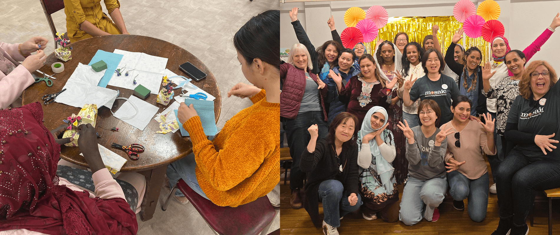 on the left, a photo of people sitting and crafting come flowers. on the right, a happy group of FEM graduates and co-ordinators