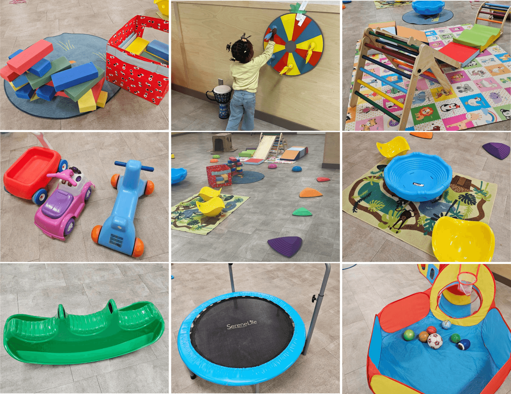 Mini gym for kids equipment includes foam blocks, seesaw, dart game, trampoline, tunnel sets, cars etc.