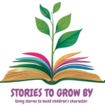 Illustration of an open book with colorful pages transforming into a green plant with leaves, symbolizing growth and learning. Text below reads "STORIES TO GROW BY" and "Using stories to build children's character," emphasizing storytelling's role in character development.