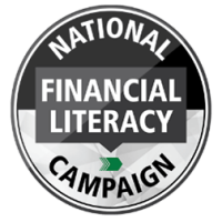 A circular logo designating a National Financial Literacy Campaign. The logo features bold white text on a black and gray background with a green arrow pointing right, symbolizing progress and education in financial literacy.