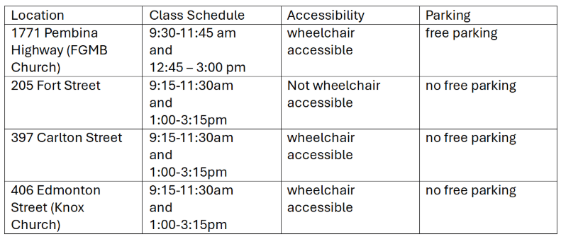 1771 Pembina Highway: free parking, wheelchair accessible, classes are 9:30-11:45 am and 12:45 – 3:00
205 Fort Street: no free parking, not accessible, classes are 9:15-11:30am and 1:00-3:15pm
397 Carlton Street: no free parking, wheelchair accessible, classes are 9:15-11:30am and 1:00-3:15pm
406 Edmonton Street (Knox Church): no free parking, somehow wheelchair accessible, classes are 9:15-11:30am and 1:00-3:15pm